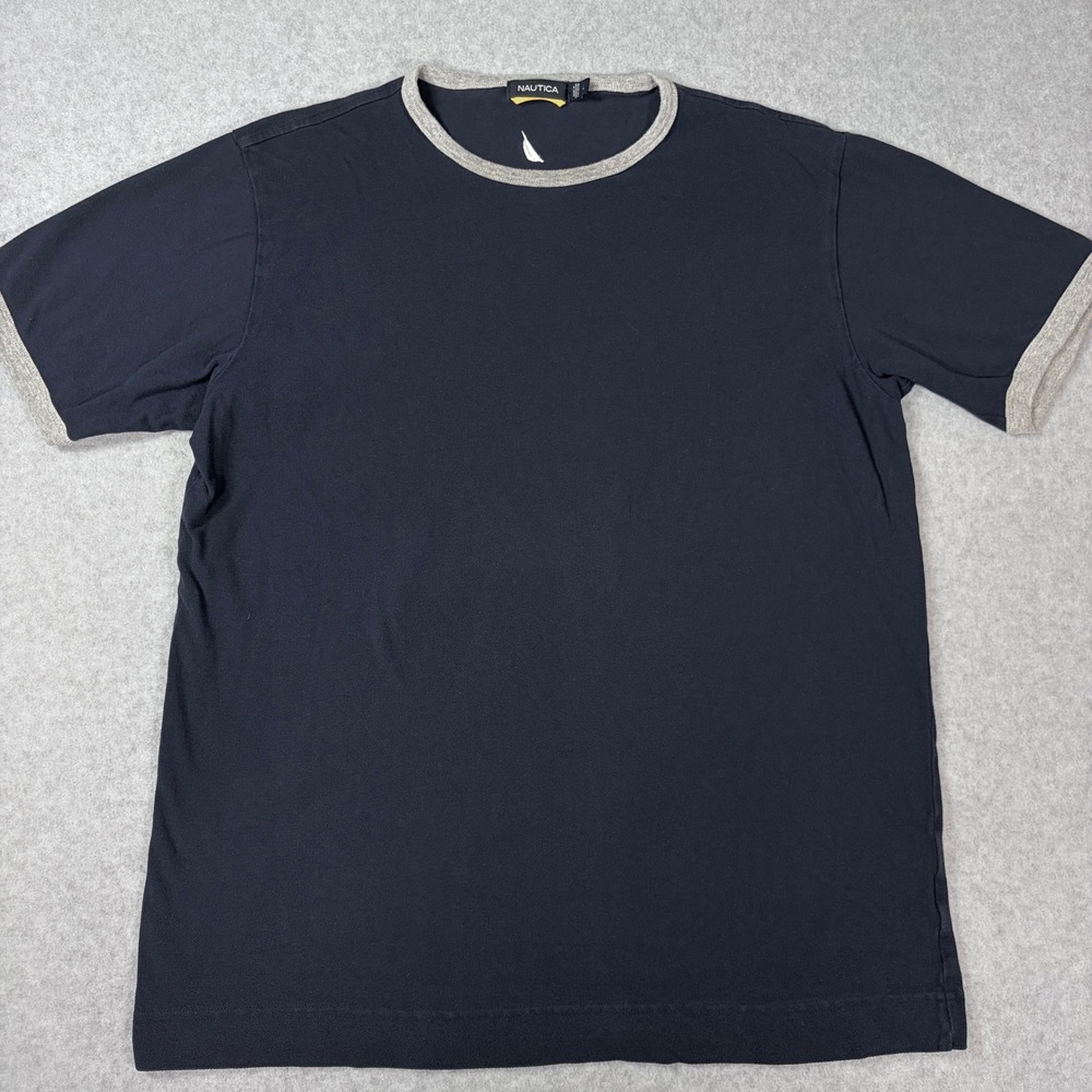 Nautica Mens Ringer T-Shirt Navy Blue Grey Large 100% Cotton 06/30/2005 N561NV